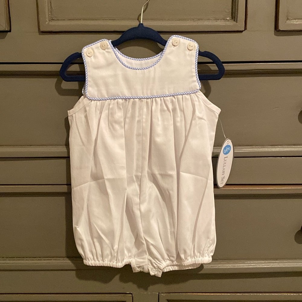 NWT lullaby set white romper with blue trim